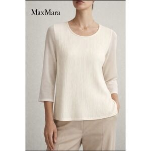 Max Mara textured Front Cream top Semi sheer sleeves & Back Large Luxury Classic